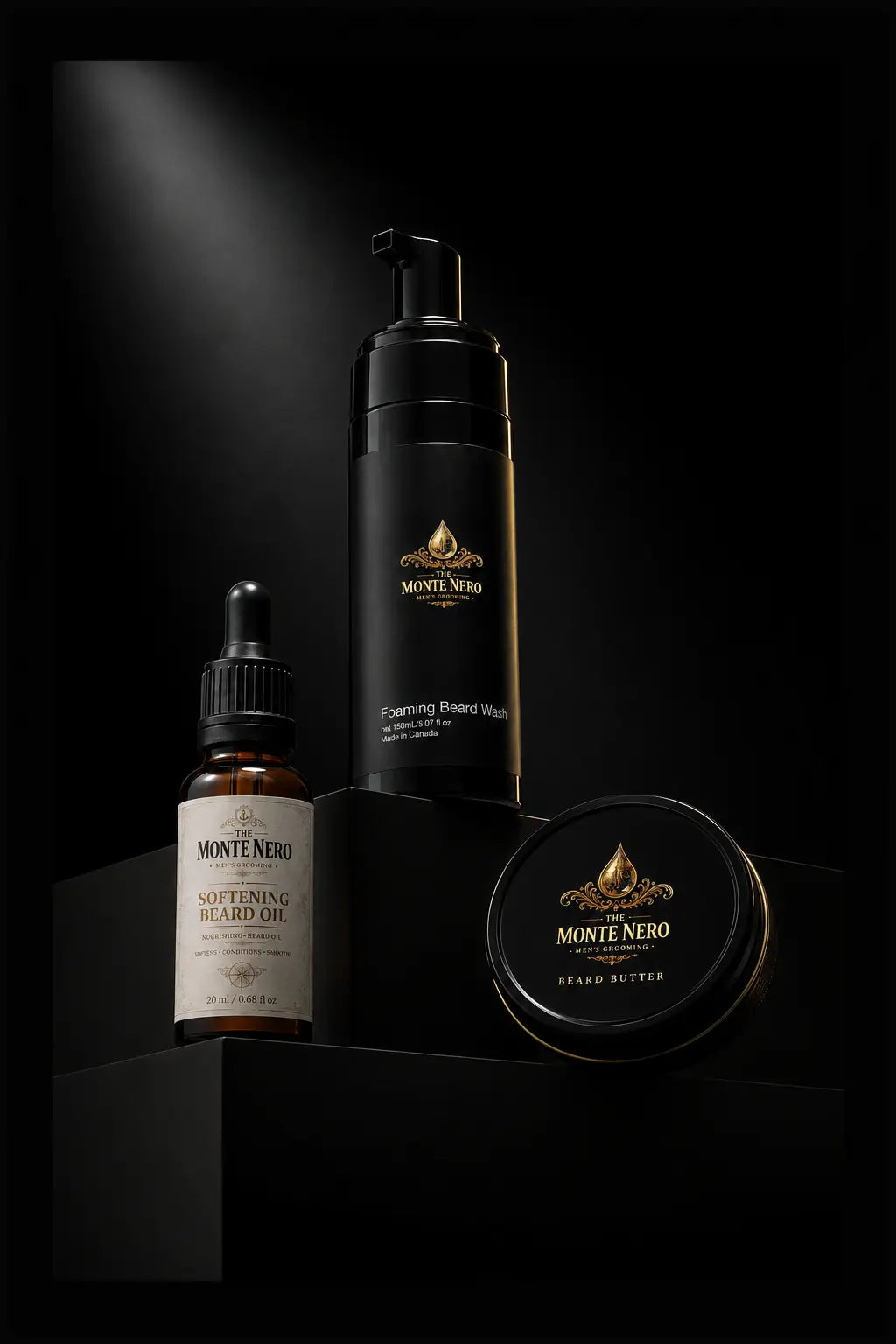 The Monte Nero men's beard care collection with wash, oil and butter