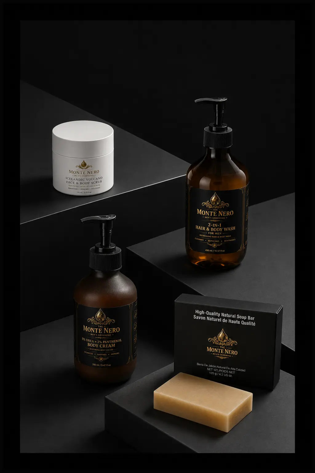 The Monte Nero men's body care collection for cleansing, exfoliation and hydration