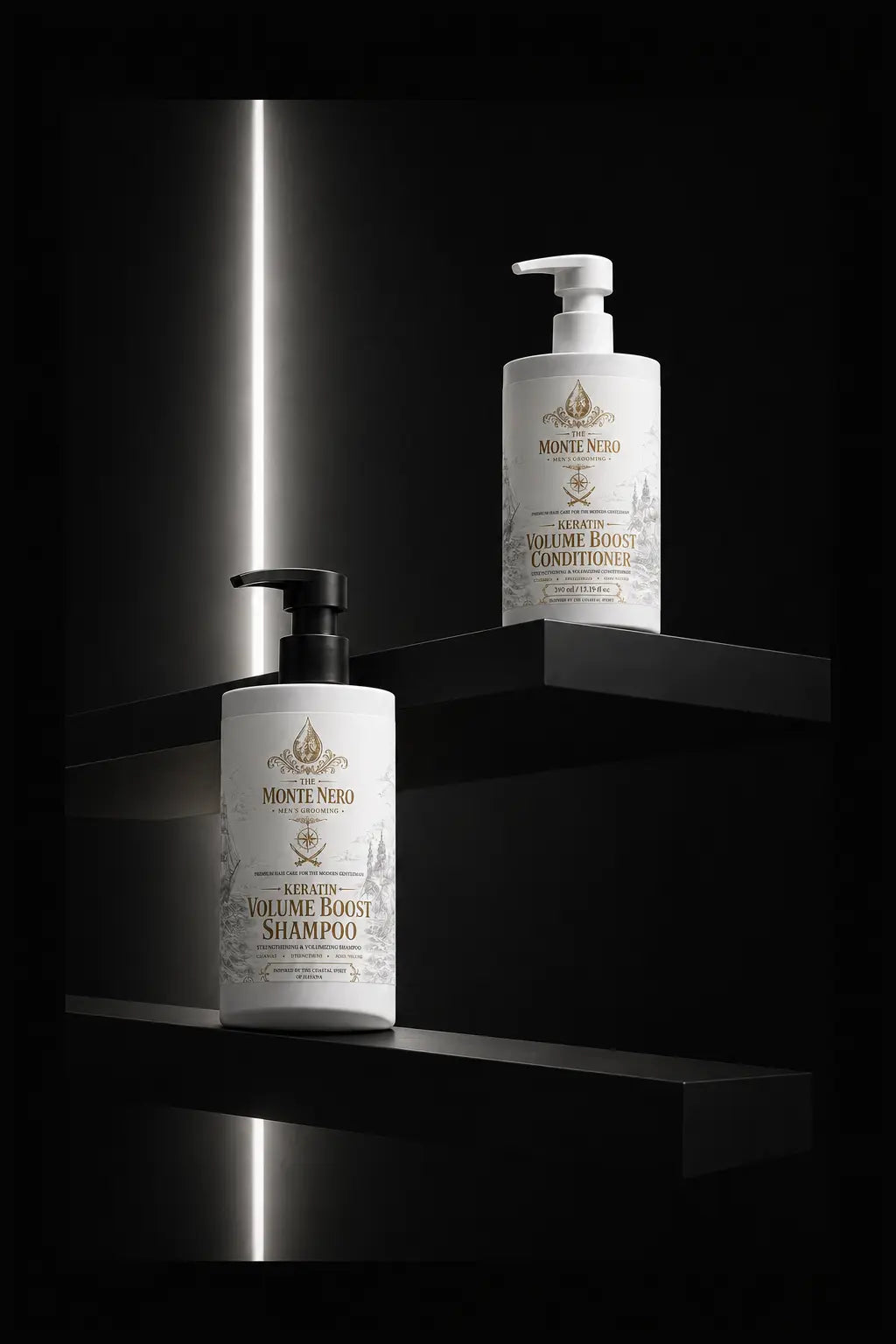 The Monte Nero men's hair care collection with keratin shampoo and conditioner